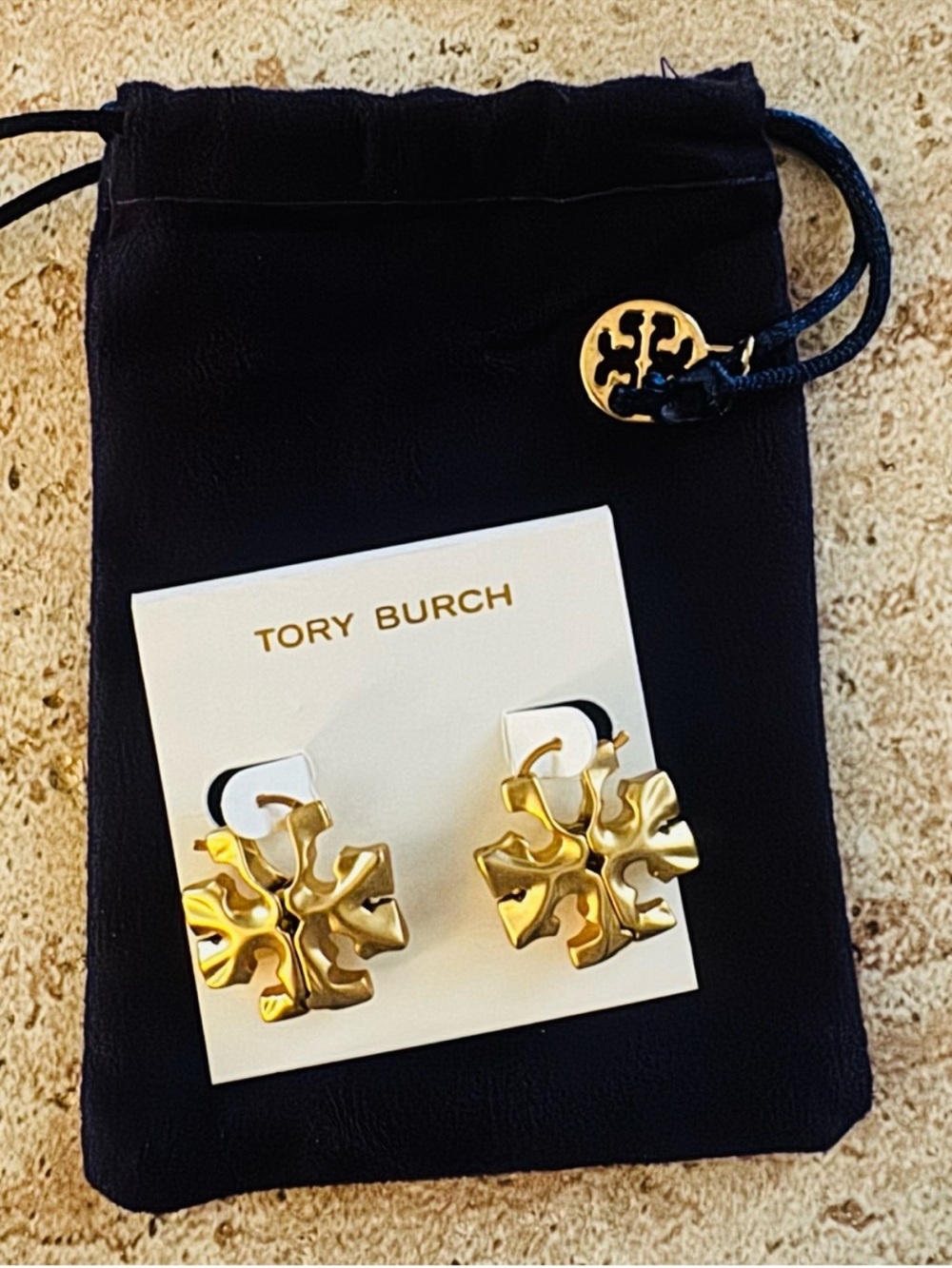 Tory Burch Polished Gold Sculpted Logo Stud Earrings
